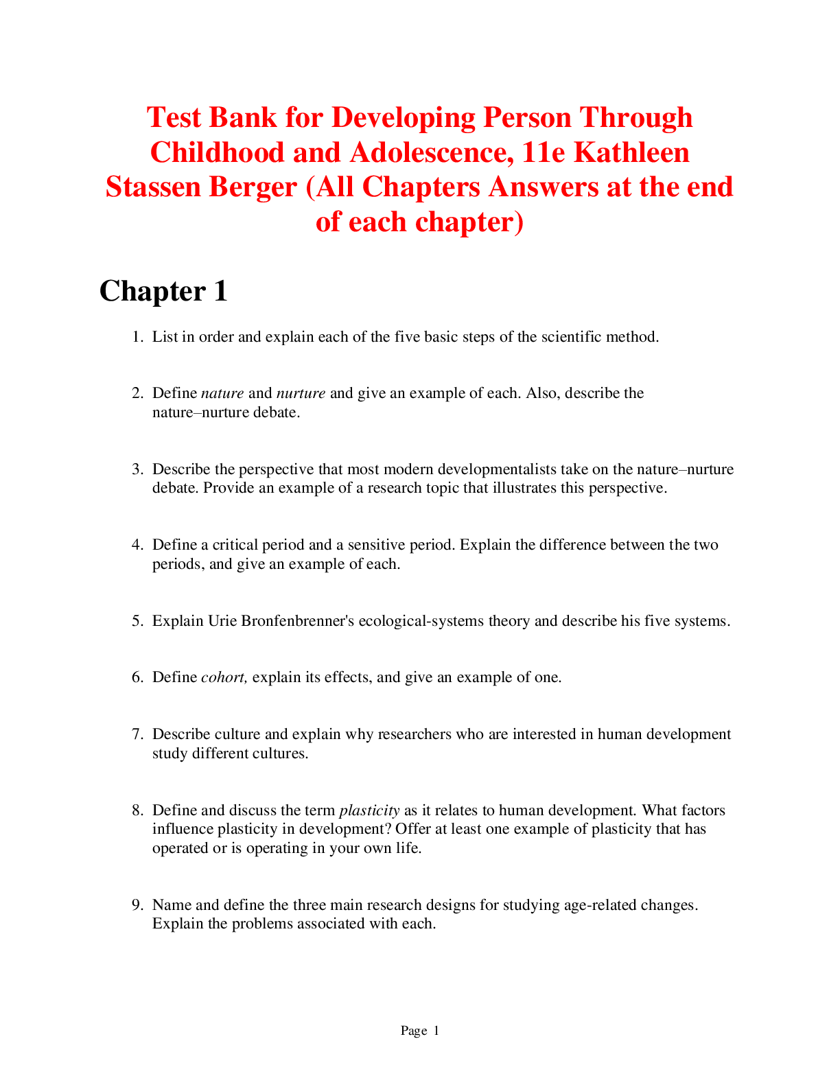 Preview of Developing Person Through Childhood and Adolescence, 11e by Kathleen  Berger (Test Bank)